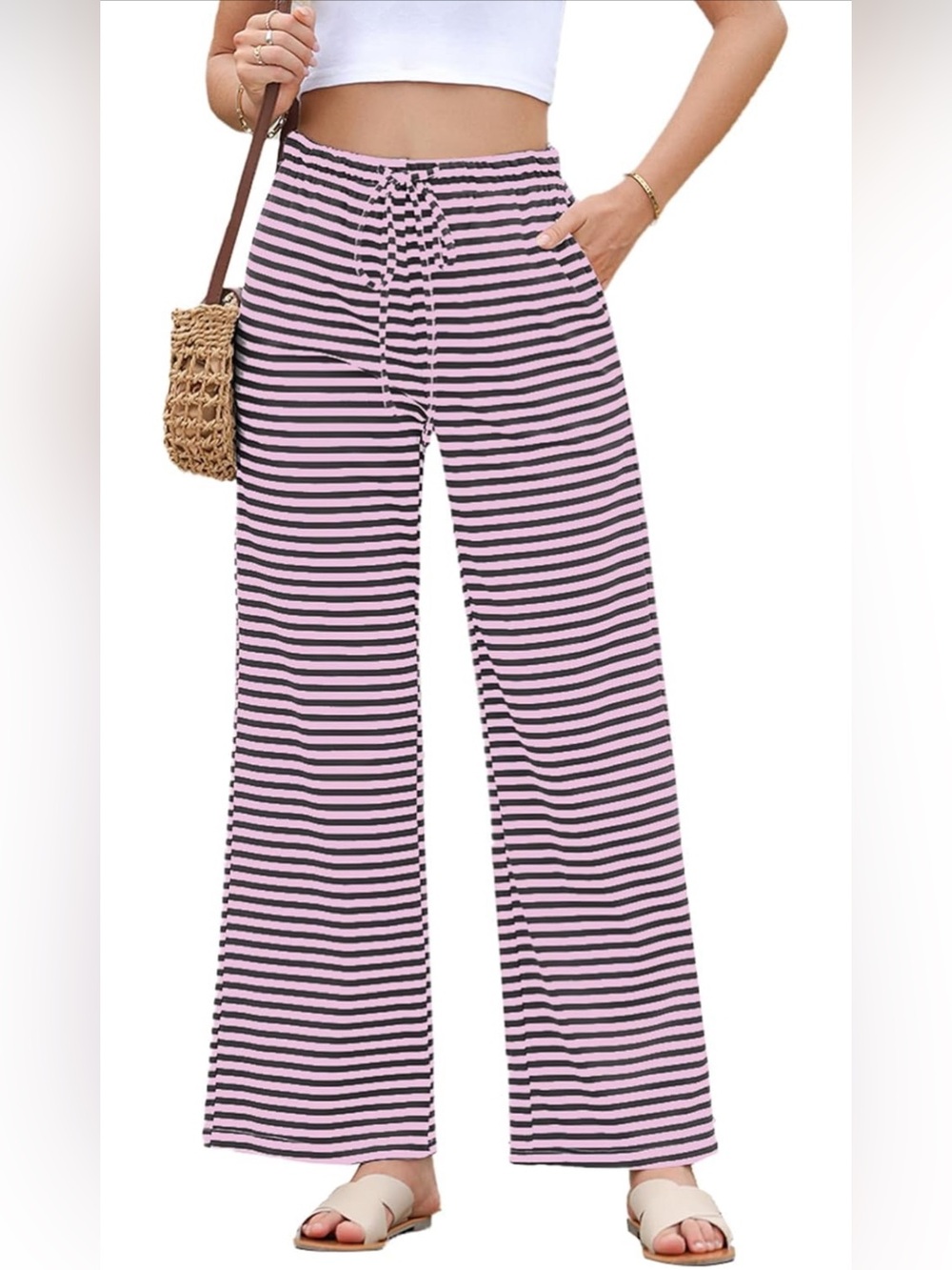 Amazon Purple Striped Wide Leg Drawstring Lounge Pants with Pockets Large